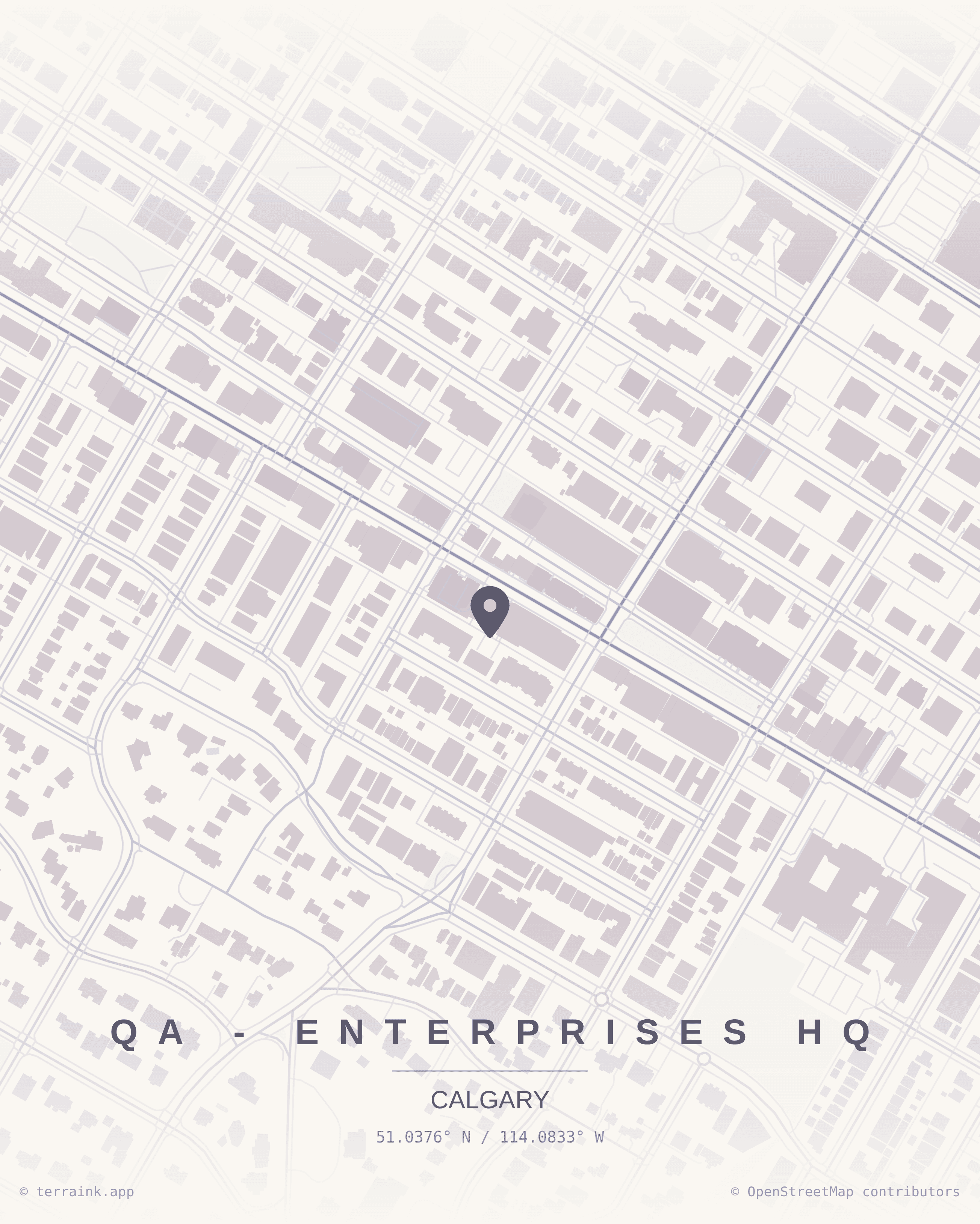 Pastel street map marking QA Enterprises headquarters in Calgary